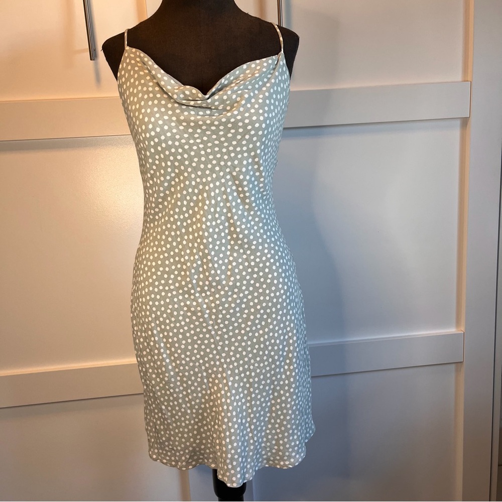 Abercrombie & Fitch Polka Dot Slip Dress | Sage Green | Cowl Neck